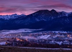 Zima, Góry, Tatry, Domy, Światła, Mgła, Drzewa, Zachód słońca, Chmury, Zakopane, Polska