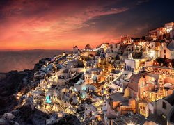 Zachód słońca, Morze, Miasteczko, Domy, Santorini, Grecja