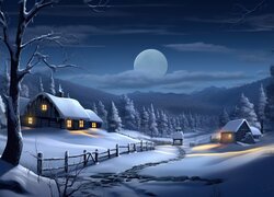 Oświetlone w księżycową noc ośnieżone domy i drzewa