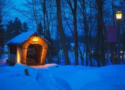 Most, Tannery Hill Covered Bridge, Oświetlone, Przejście, Zima, Latarnie, Drzewa, Gilford, Stan New Hampshire, Stany Zjednoczone