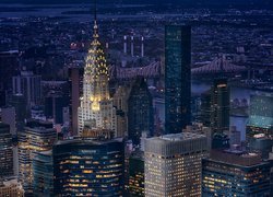 Miasto nocą, Manhattan, Nowy Jork, Oświetlony, Wieżowiec, Chrysler Building, Stany Zjednoczone