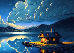 Oświetlony dom i chmury nad jeziorem w 2D