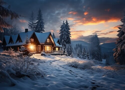 Zima, Las, Dom, Śnieg, Drzewa, Światła, Ścieżka, Góry, Wieczór, Chmury, Niebo