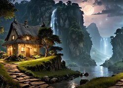 Oświetlony dom nad rzeką w górach