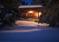 Oświetlony dom w lesie zimową porą