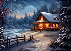 Oświetlony dom w zaśnieżonym lesie