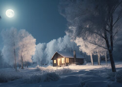 Oświetlony dom w zimowym lesie w blasku księżyca