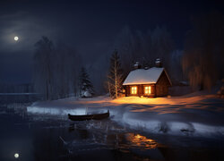 Oświetlony domek w śniegu i łódka na brzegu jeziora w księżycowym blasku