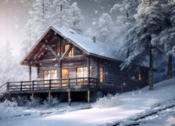 Zima, Śnieg, Wzgórze, Dom, Światła, Ośnieżone, Drzewa