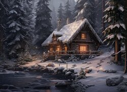 Oświetlony drewniany dom pod lasem nad rzeką