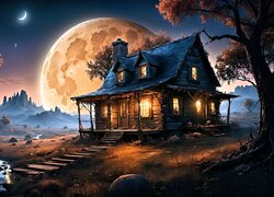 Oświetlony drewniany domek na tle księżyca w pełni