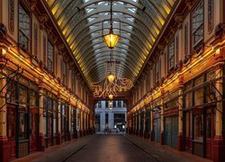 Zadaszona, Ulica, Lampy, Domy, Sklepy, Leadenhall Market, Londyn, Anglia