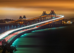 Oświetlony, Most, Rzeka, Wieczór