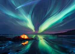Oświetlony namiot na brzegu morza i zorza polarna na niebie
