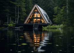 Oświetlony nocą dom nad jeziorem w lesie