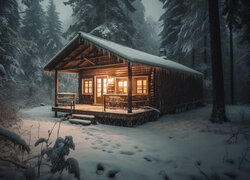 Oświetlony od wewnątrz drewniany domek w zimowym lesie
