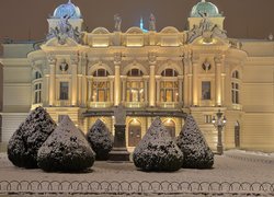 Zima, Światła, Latarnie, Drzewa, Ośnieżone, Klomby, Pomnik, Teatr im Juliusza Słowackiego, Kraków, Polska