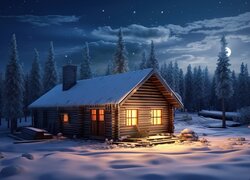 Oświetlony wewnątrz dom w zimowym lesie nocą