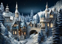 Oświetlony zamek w zimowej scenerii nocną porą w 2D