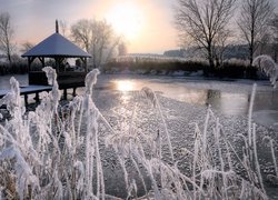 Oszroniona trawa i altana na pomoście na zamarzającym jeziorze