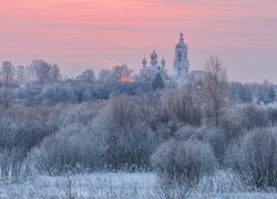 Oszronione drzewa z widokiem na cerkiew w rosyjskiej wsi Dunilovo