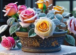 Oszronione kolorowe róże w wazonie