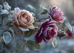 Oszronione róże i liście na gałązce