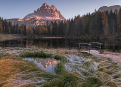 Jezioro, Antorno Lake, Góry Dolomity, Masyw Tre Cime di Lavaredo, Prowincja Belluno, Włochy, Trawy, Mostek, Drzewa