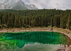 Otoczone drzewami jezioro Karersee we Włoszech