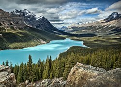 Kanada, Park Narodowy Banff, Góry Canadian Rockies, Jezioro Peyto Lake, Las, Chmury, Skały