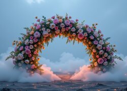 Otoczony mgłą łuk z róż na piasku