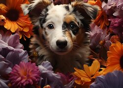 Pies, Szczeniak, Kwiaty, 2D, Owczarek australijski-australian shepherd