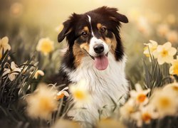 Pies, Owczarek australijski, Kwiaty, Narcyzy