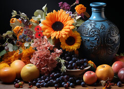 Owoce i kwiaty obok wazonu w grafice