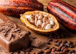 Owoce i nasiona kakaowca obok czekolady
