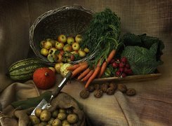 Warzywa, Kosz, Jabłka, Orzechy, Kapusta, Marchew, Dynie