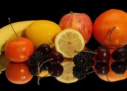 Owoce, Banan, Pomarańcza, Jabłko, Odbicie, Ciemne tło
