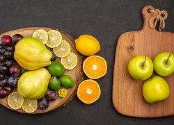 Owoce, Winogrona, Cytryny, Jabłka, Gruszki, Pomarańcze, Drewno, Deska