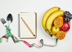 Owoce, Notes, Ołówek, Miarka, Sztućce, Dieta, Białe, Tło, Kompozycja