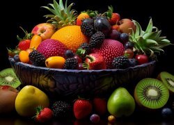 Kompozycja, Owoce, Cytrusy, Kiwi, Jeżyny, Ananas, Miska