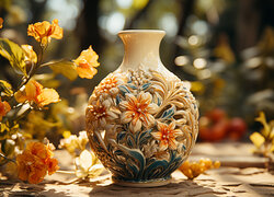 Ozdobny ceramiczny wazon obok kwiatów