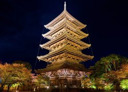 Japonia, Kioto, Świątynia, Tō-ji, Pagoda, Jesień, Drzewa, Noc