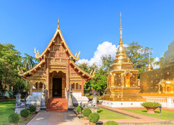 Świątynia, Wat Phra Singh Woramahawihan, Pagoda, Drzewa, Niebo, Chiang Mai, Tajlandia