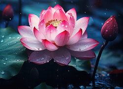 Pąk i rozwinięty kwiat lotosu w wodzie