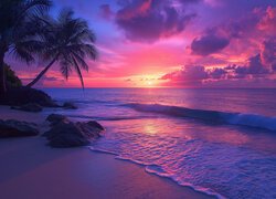 Palmy i plaża nad morzem o zachodzie słońca