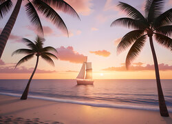 Palmy na plaży i żaglówka na morzu w grafice