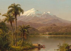 Malarstwo, Obraz, Frederic Edwin Church, Góry, Domy, Palmy, Jezioro