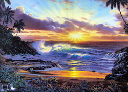 Palmy przy brzegu wzburzonego morza o zachodzie słońca