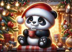 Panda w czapce Mikołaja obok choinki i kominka