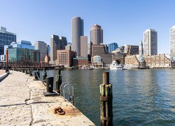 Stany Zjednoczone, Massachusetts, Boston, Wybrzeże, Wieżowce, Statki, Panorama